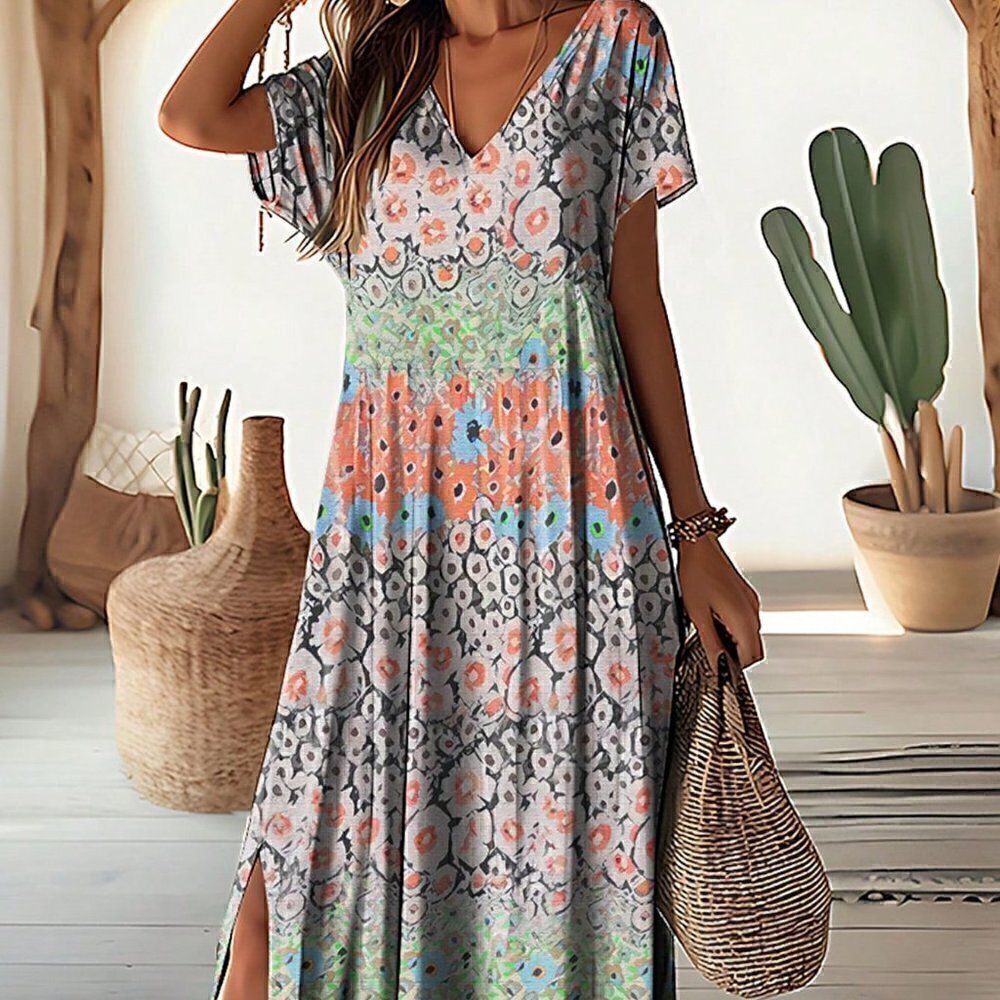 Multicolor Boho Women's Printed Short Sleeve Dress With Split Hem - Picture 2 of 5